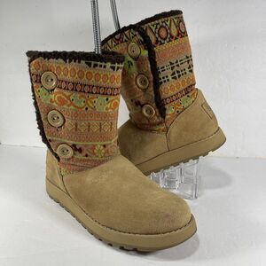 Skechers Australia Boots Women’s 8.5 Tan Suede Boho Knit Paisley Pattern